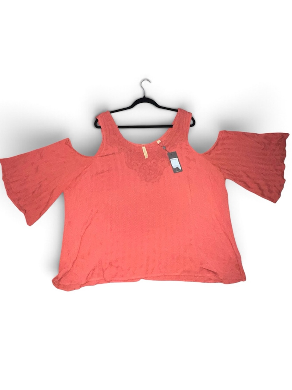 NWT~Shyanne~Cold Shoulder Crochet Trim Women's Top - Coral